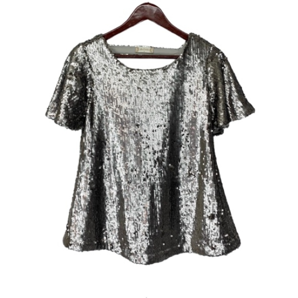 Altr’d State All Over Silver Metallic Sequin Flutter Sleeve Blouse With Lining